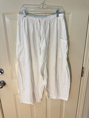 White Cotton Drawstring Barrel Wide-Leg Pants